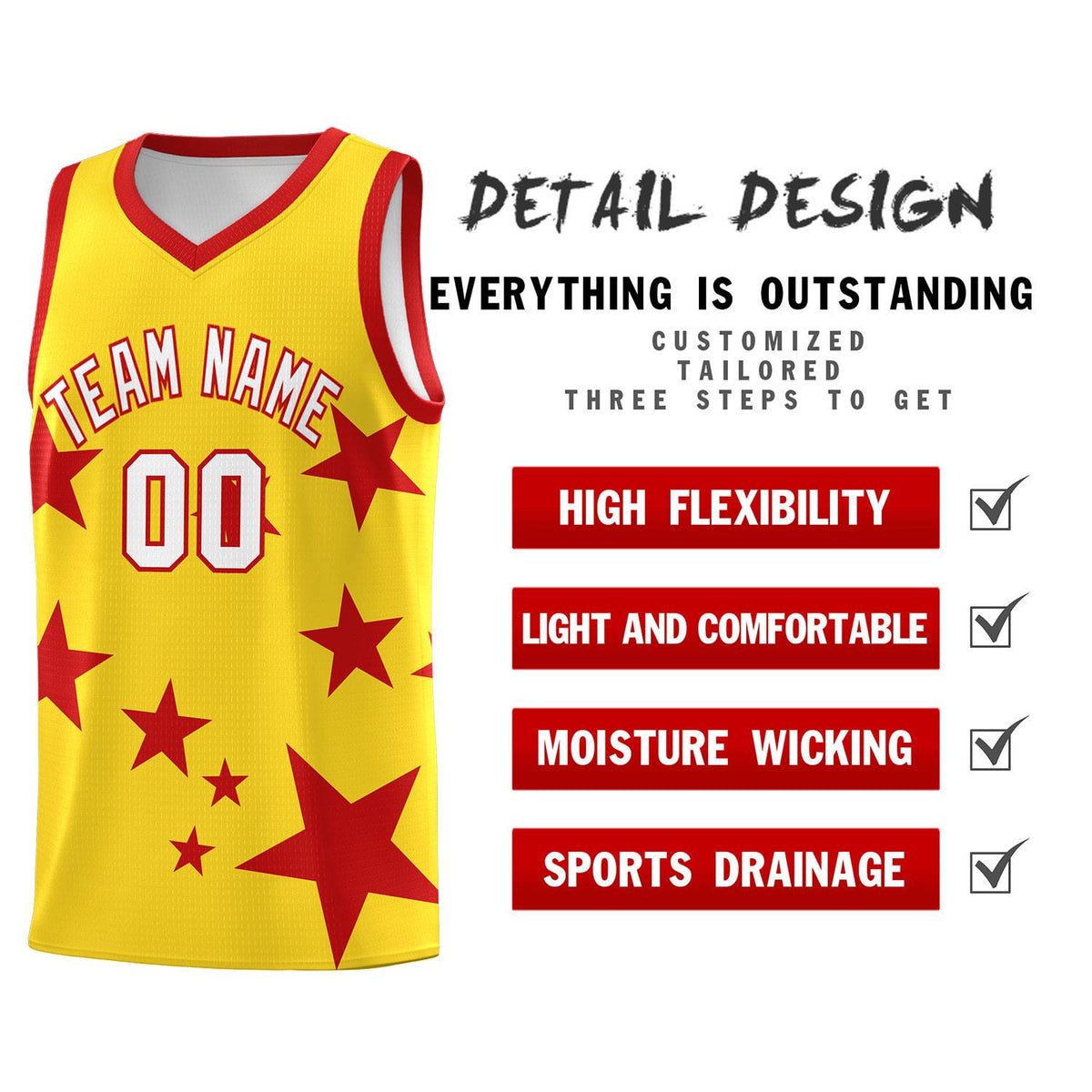 Custom Gold Red Graffiti Pattern Star Print Basketball Jersey Sets