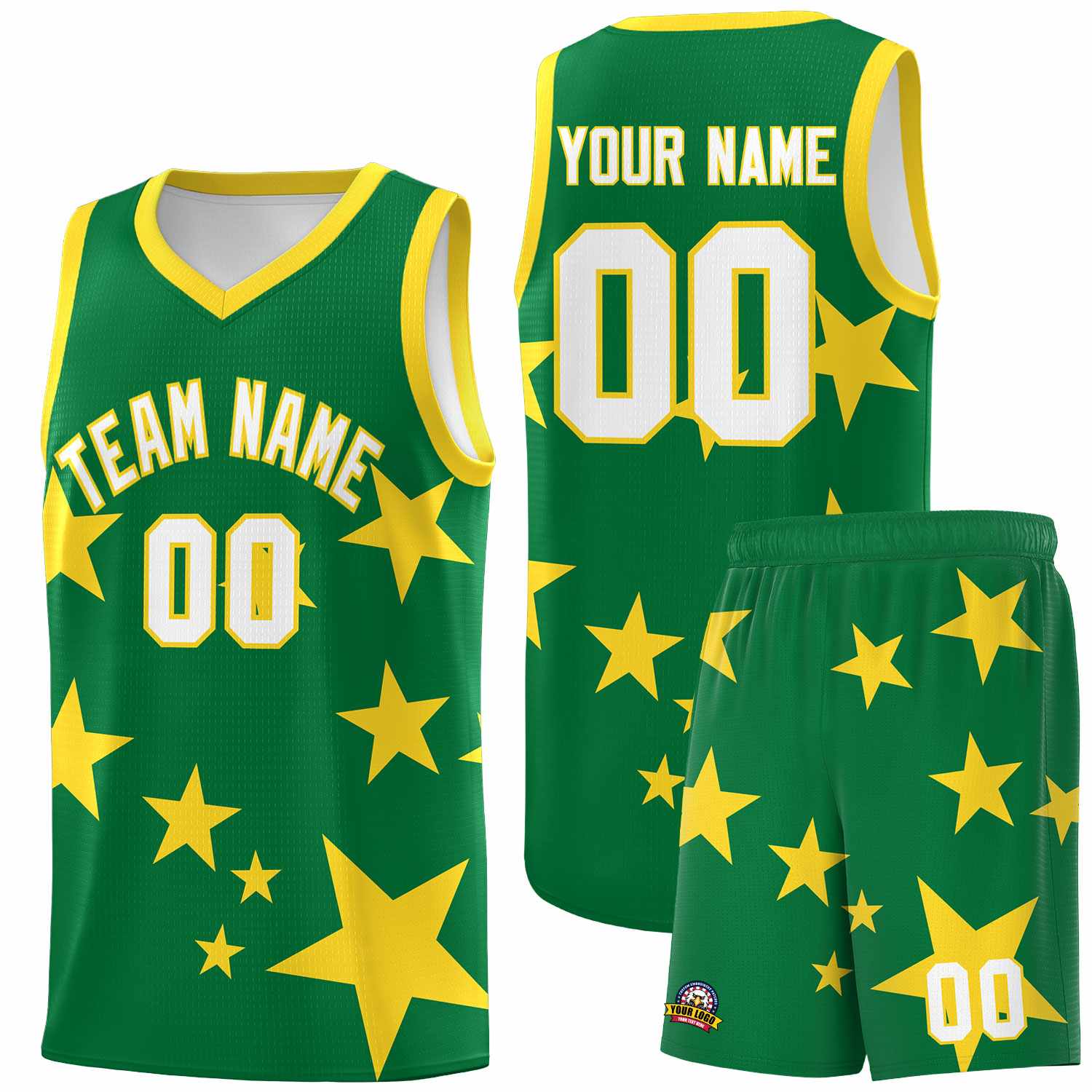Custom Kelly Green Gold Graffiti Pattern Star Print Basketball Jersey Sets
