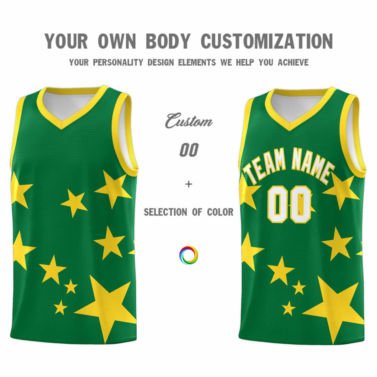 Custom Kelly Green Gold Graffiti Pattern Star Print Basketball Jersey Sets