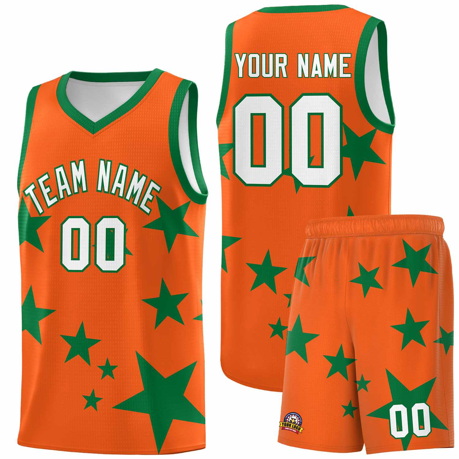Custom Orange Kelly Green Graffiti Pattern Star Print Basketball Jersey Sets