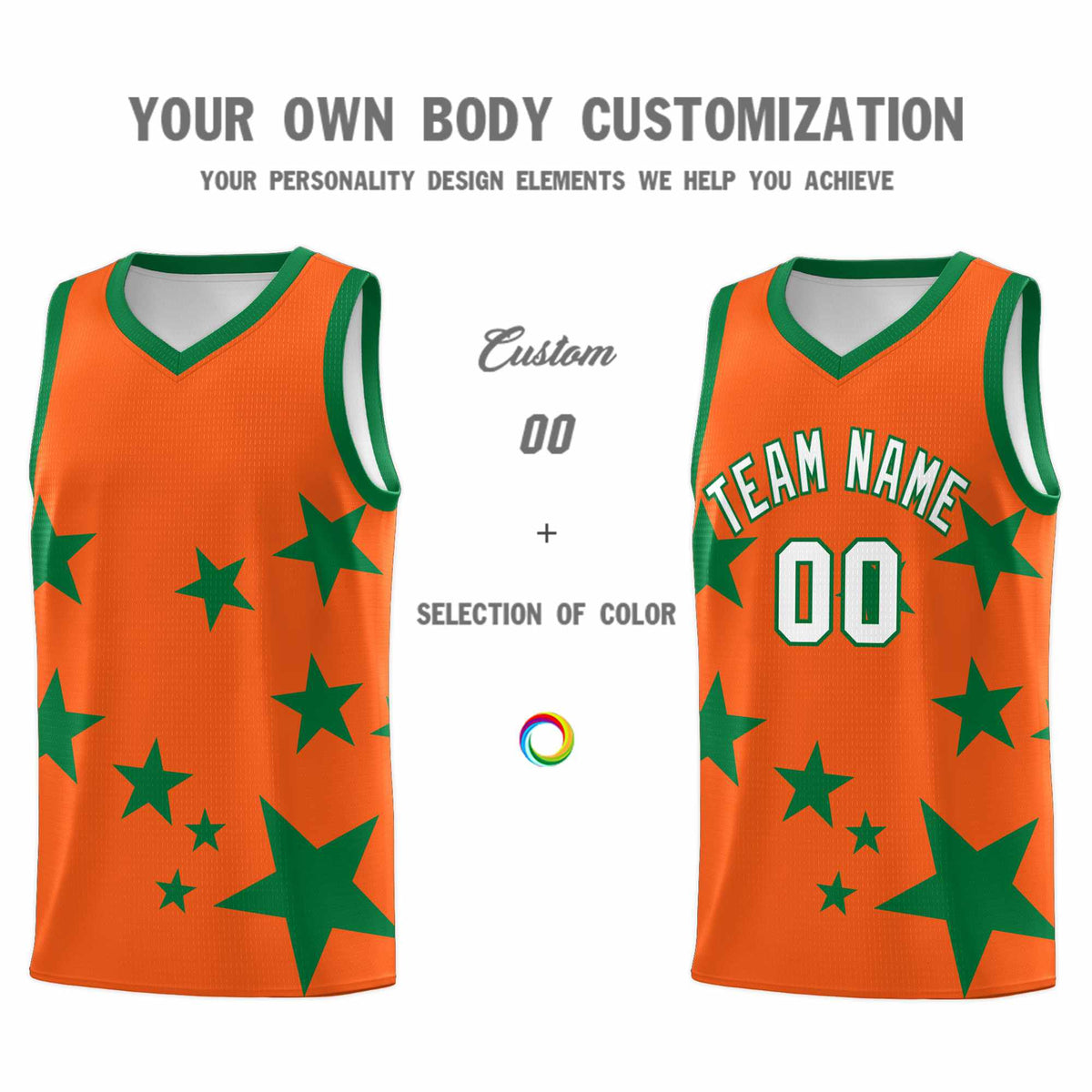 Custom Orange Kelly Green Graffiti Pattern Star Print Basketball Jersey Sets