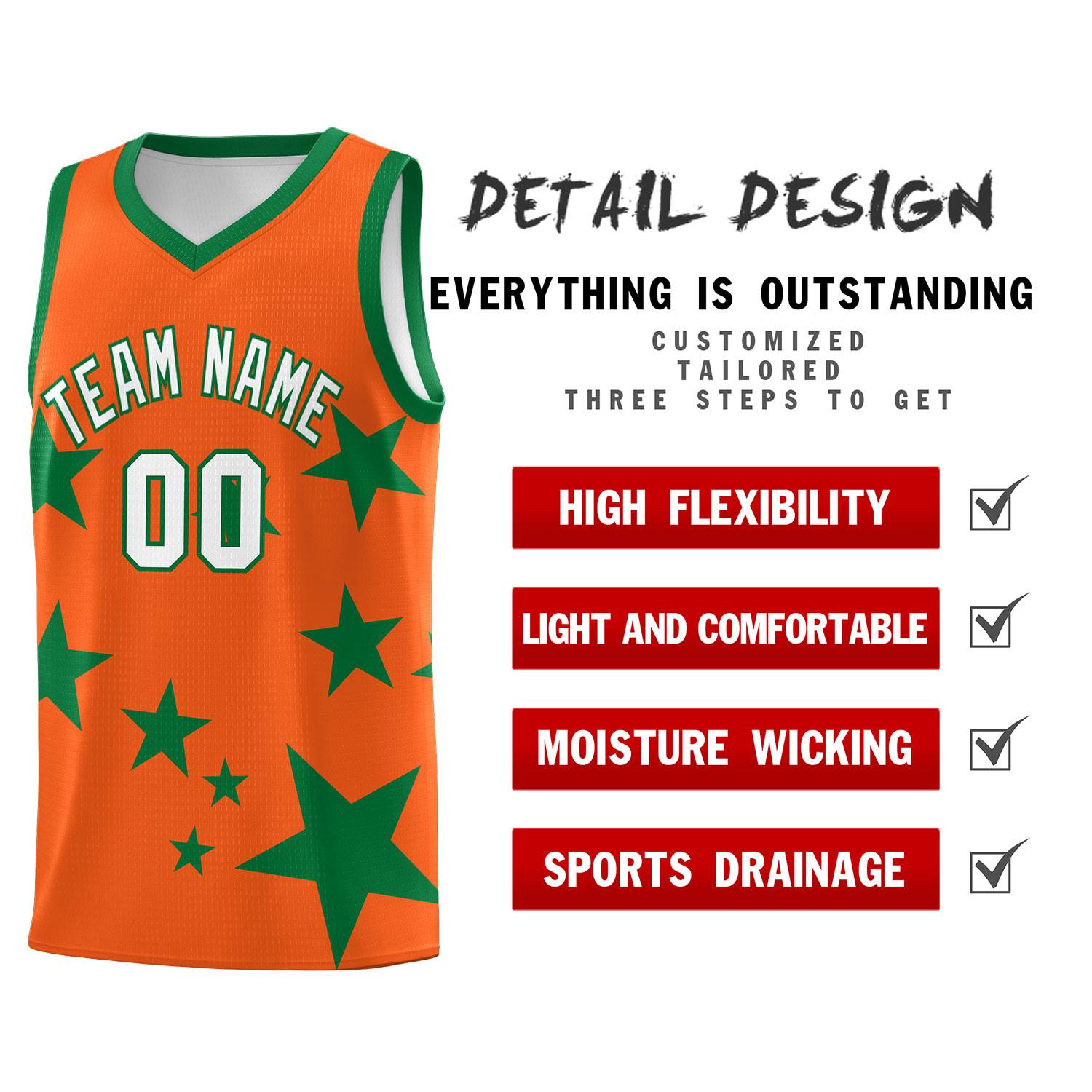 Custom Orange Kelly Green Graffiti Pattern Star Print Basketball Jersey Sets