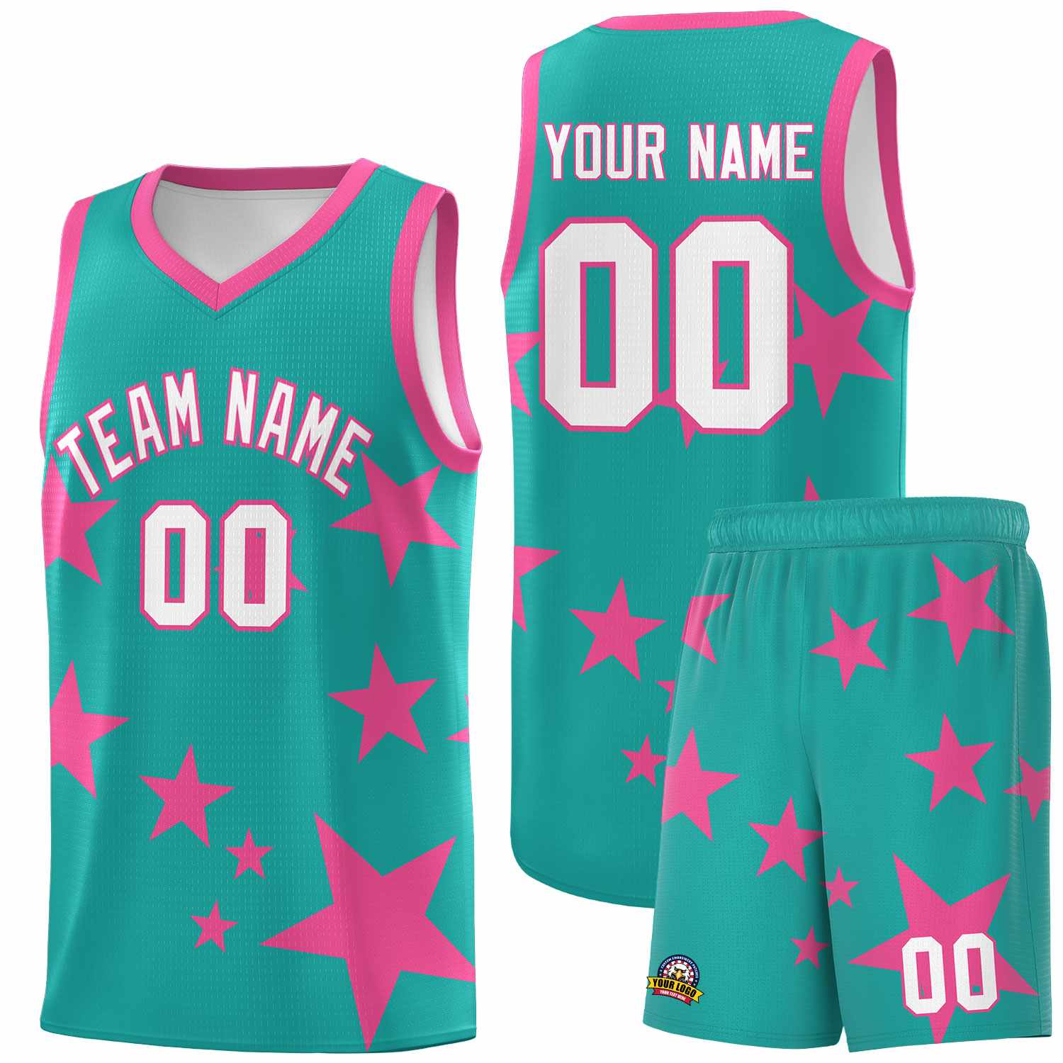 Custom Aqua Pink Graffiti Pattern Star Print Basketball Jersey Sets