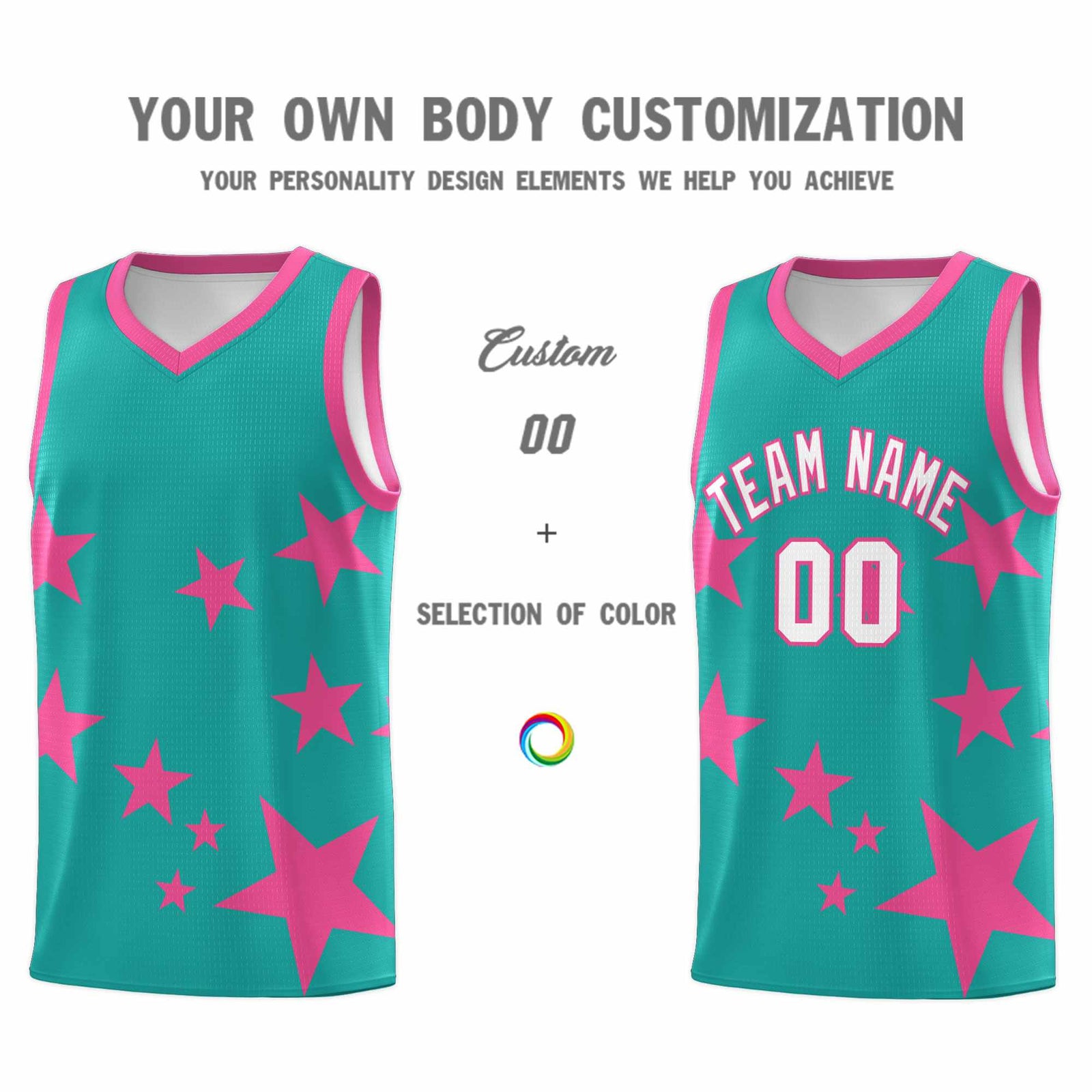 Custom Aqua Pink Graffiti Pattern Star Print Basketball Jersey Sets