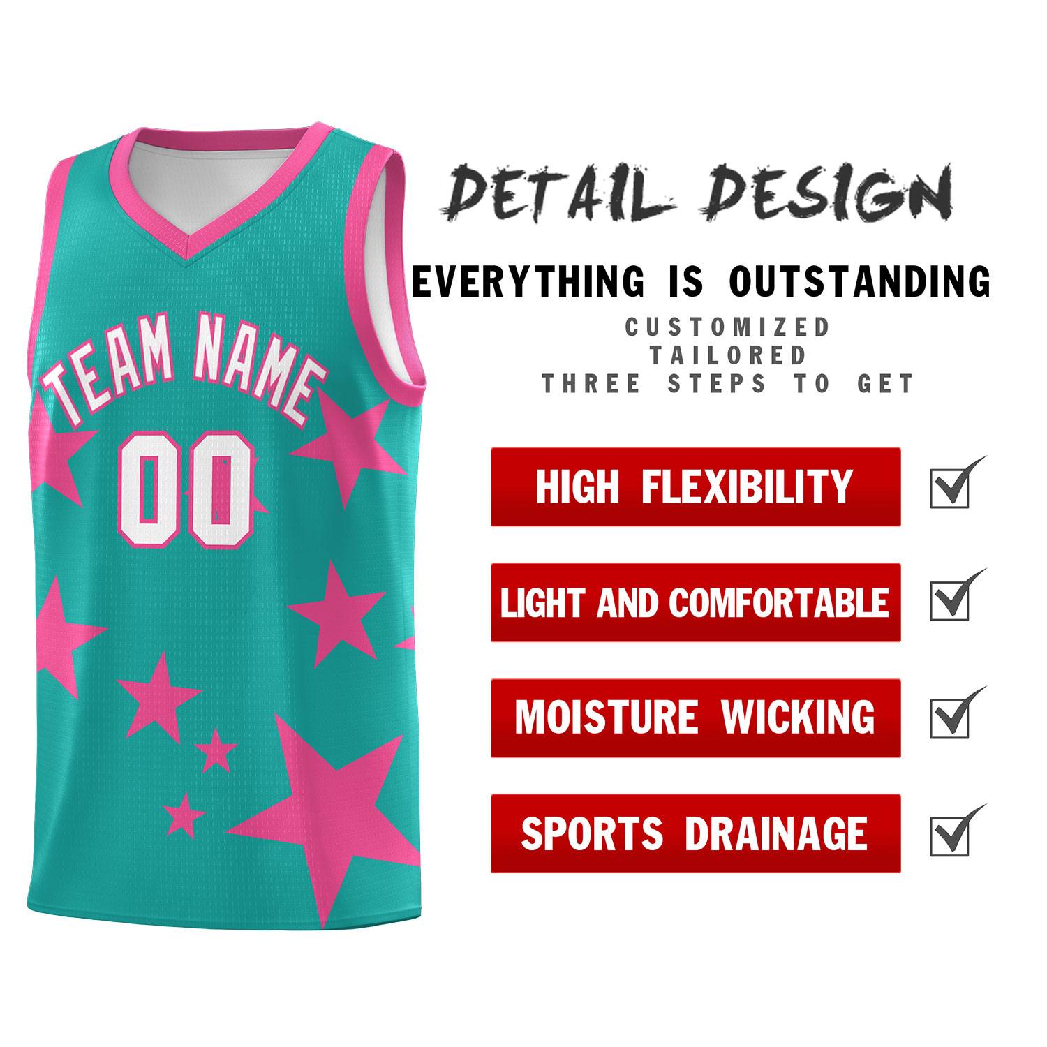 Custom Aqua Pink Graffiti Pattern Star Print Basketball Jersey Sets