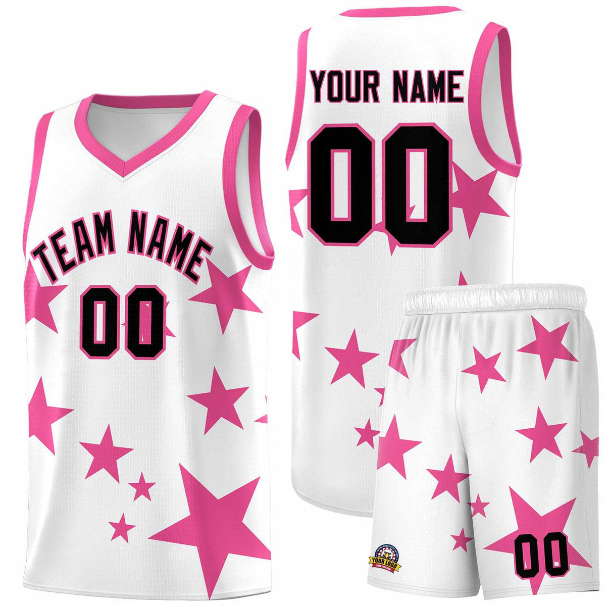 Custom White Pink Graffiti Pattern Star Print Basketball Jersey Sets