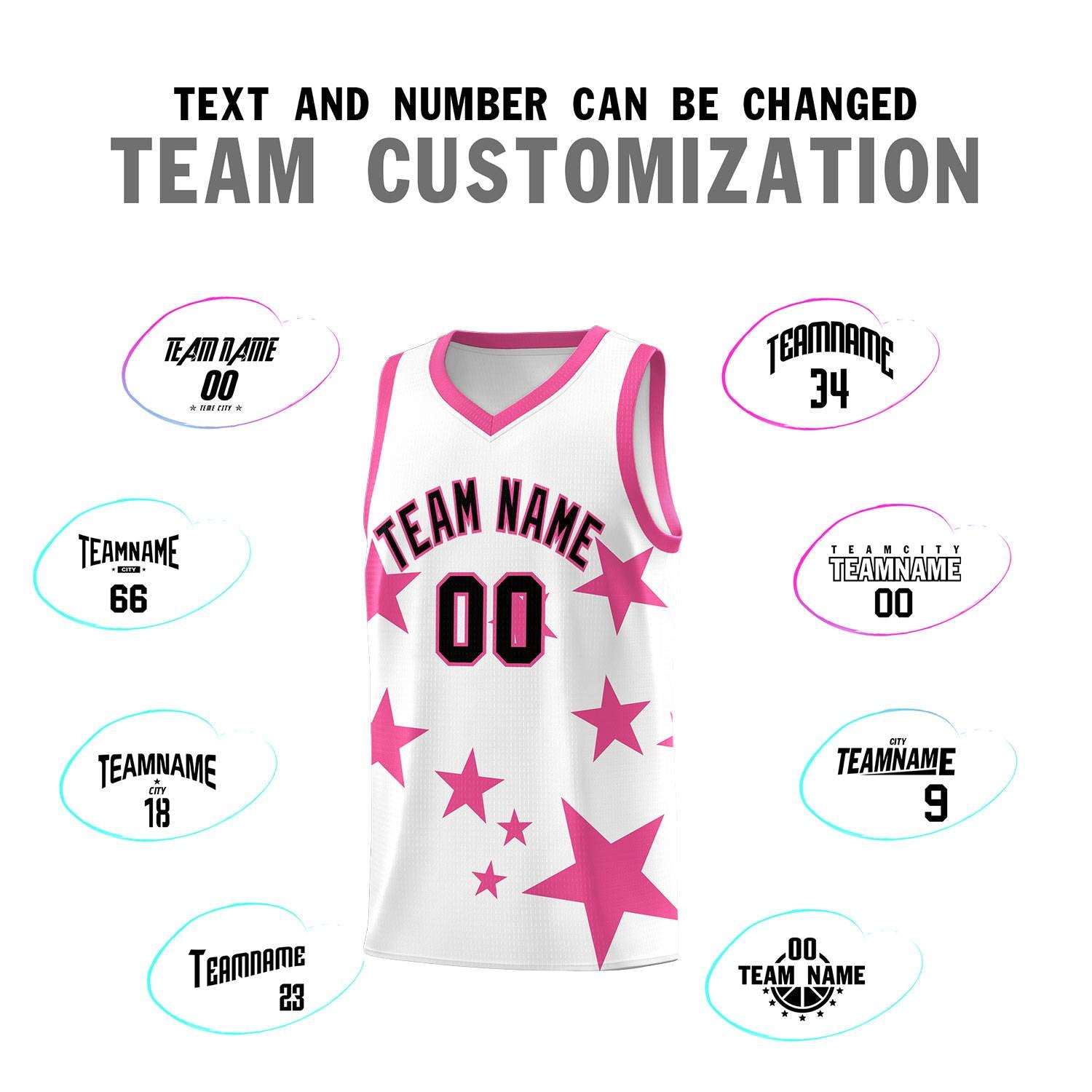 Custom White Pink Graffiti Pattern Star Print Basketball Jersey Sets