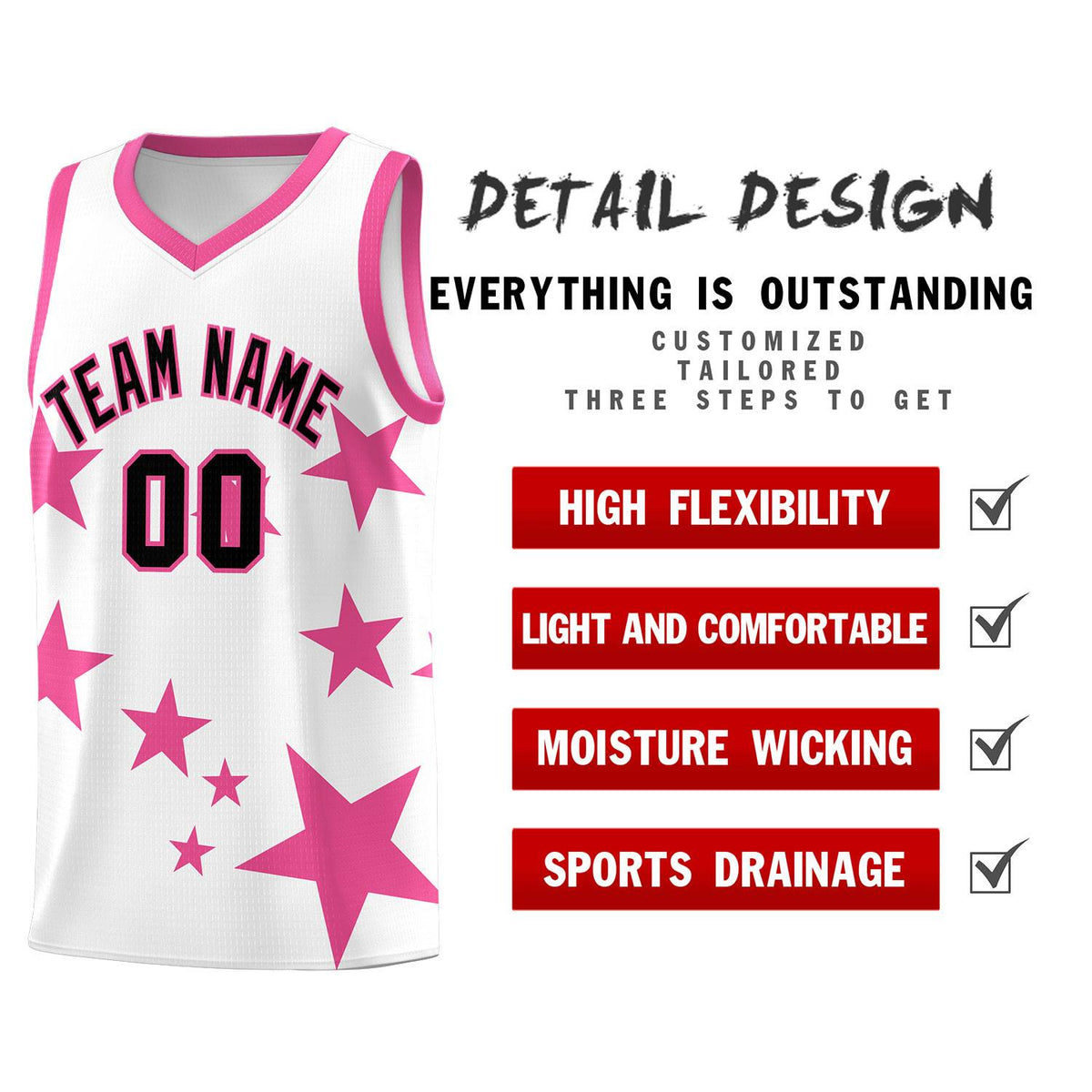 Custom White Pink Graffiti Pattern Star Print Basketball Jersey Sets