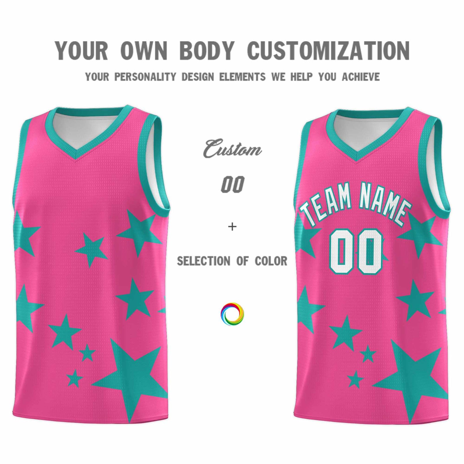 Custom Pink Aqua Graffiti Pattern Star Print Basketball Jersey Sets