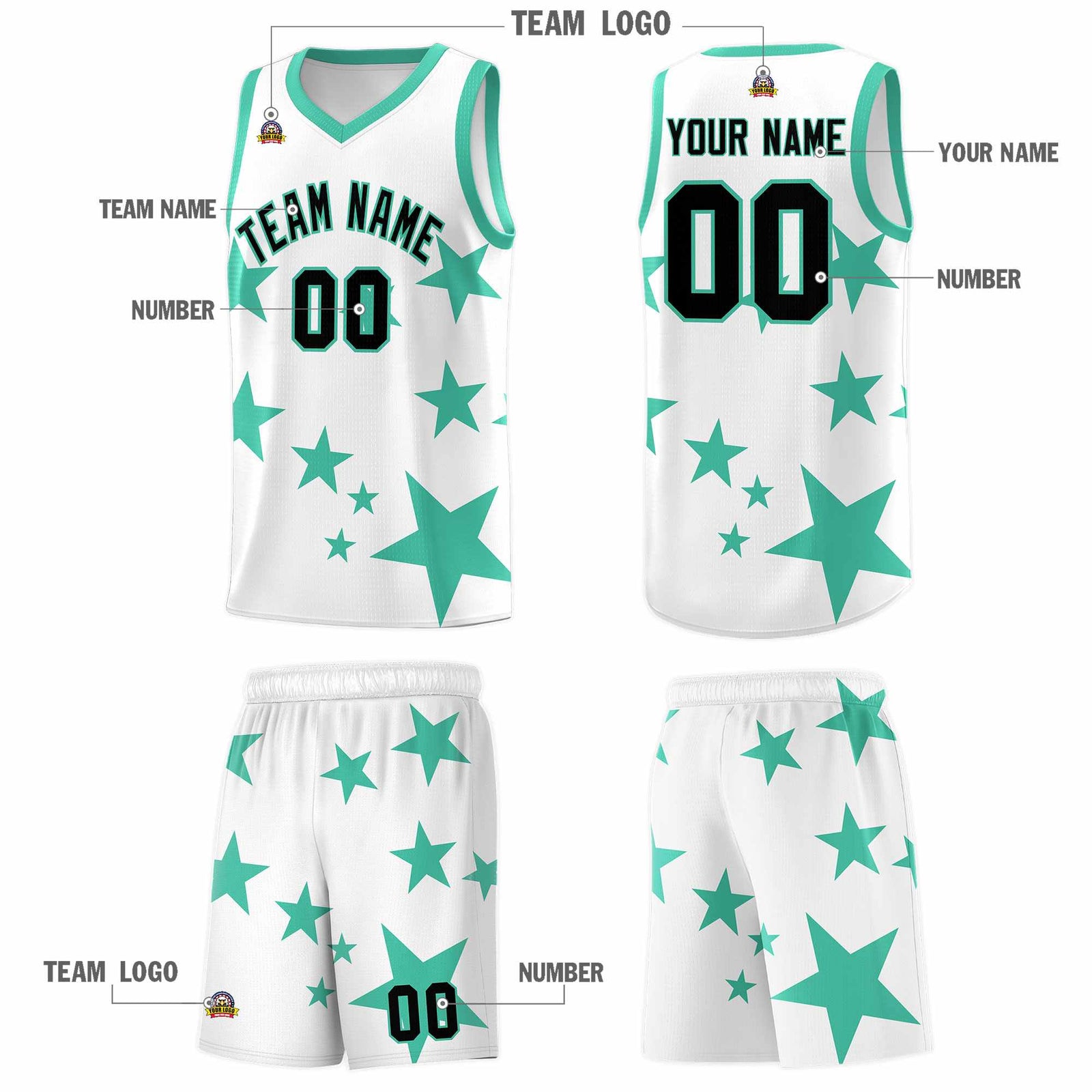 Custom White Bright Green Graffiti Pattern Star Print Basketball Jersey Sets