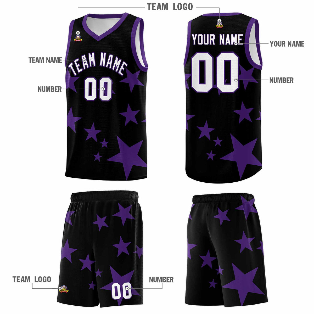Custom Black Purple Graffiti Pattern Star Print Basketball Jersey Sets