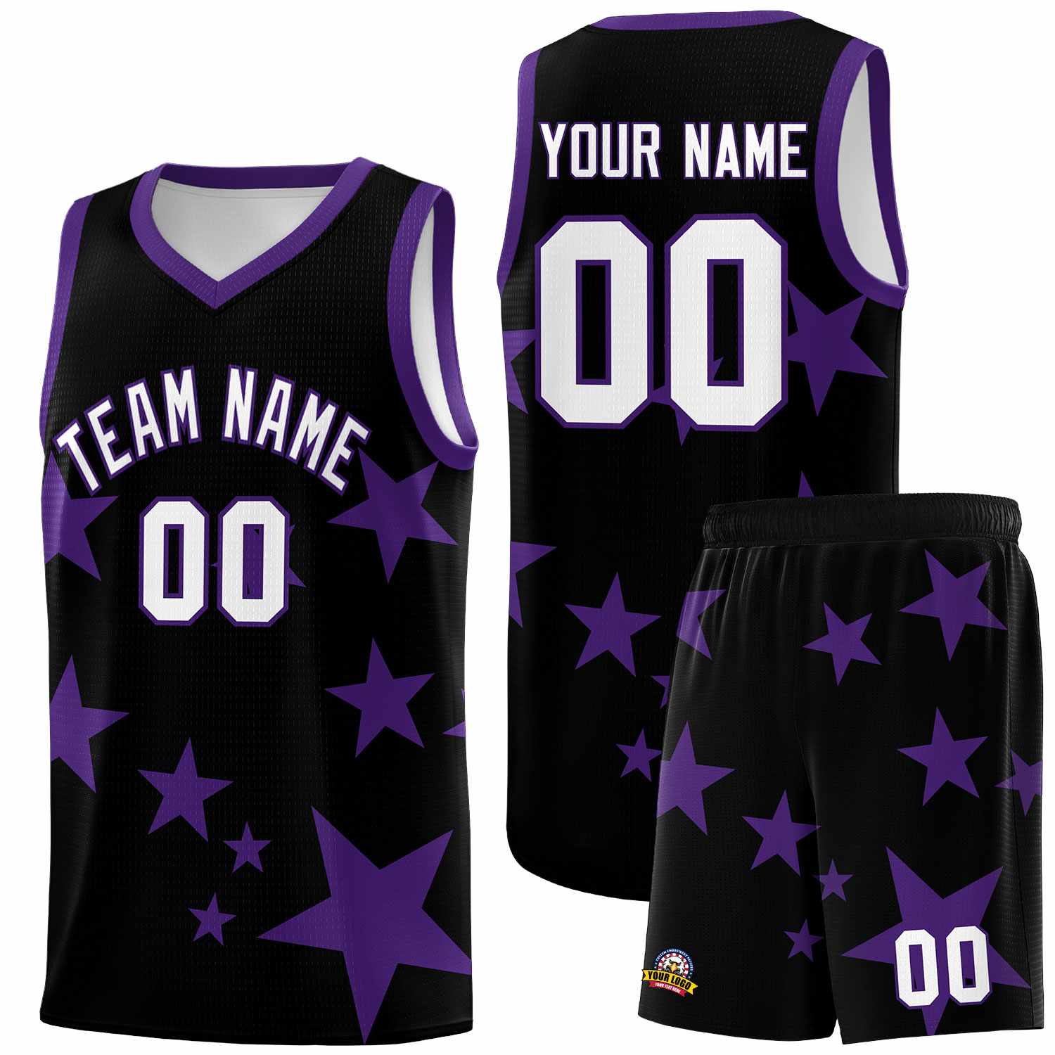 Custom Black Purple Graffiti Pattern Star Print Basketball Jersey Sets
