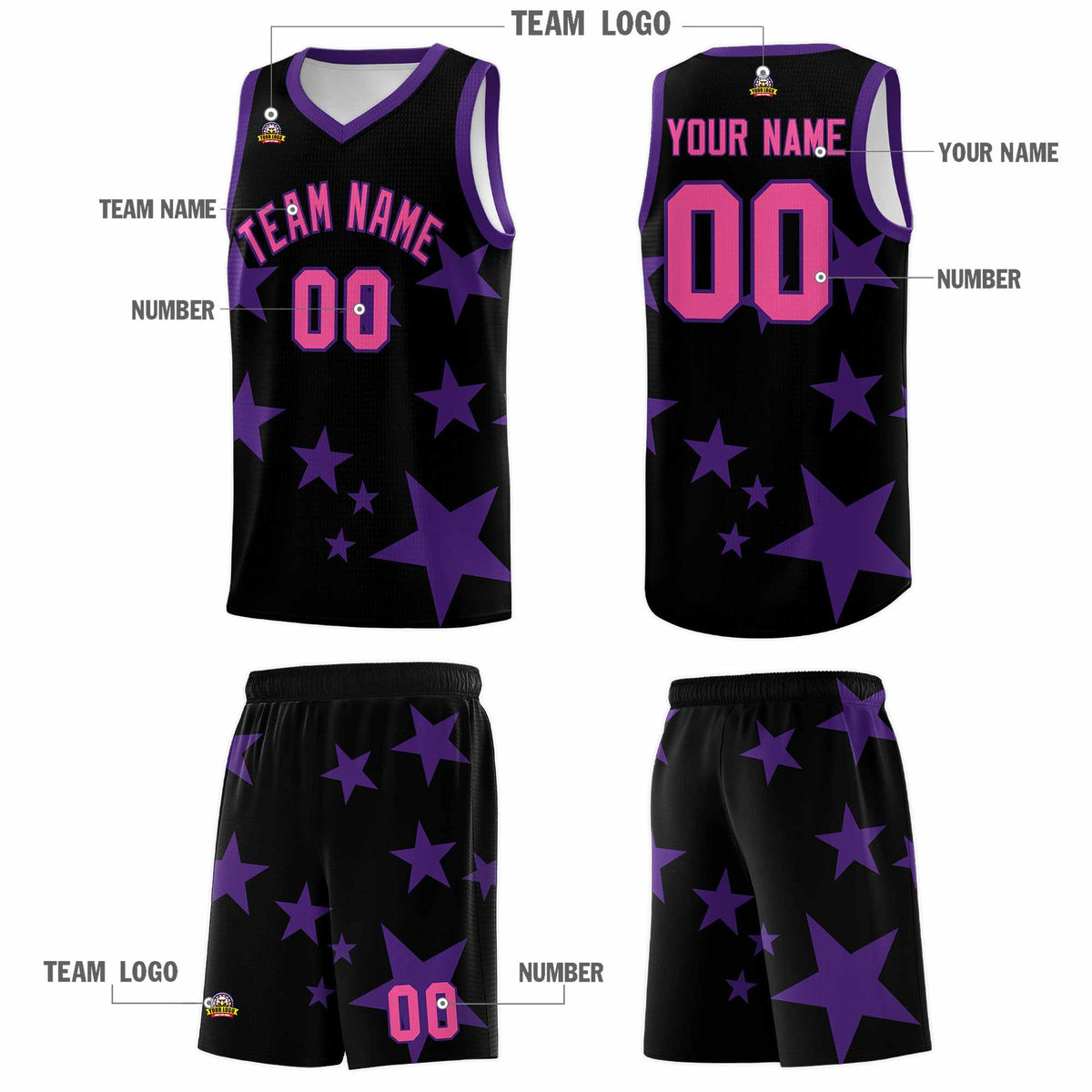 Custom Black Purple Graffiti Pattern Star Print Basketball Jersey Sets