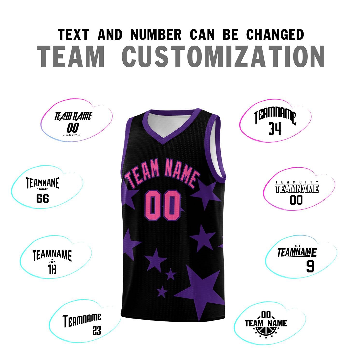 Custom Black Purple Graffiti Pattern Star Print Basketball Jersey Sets