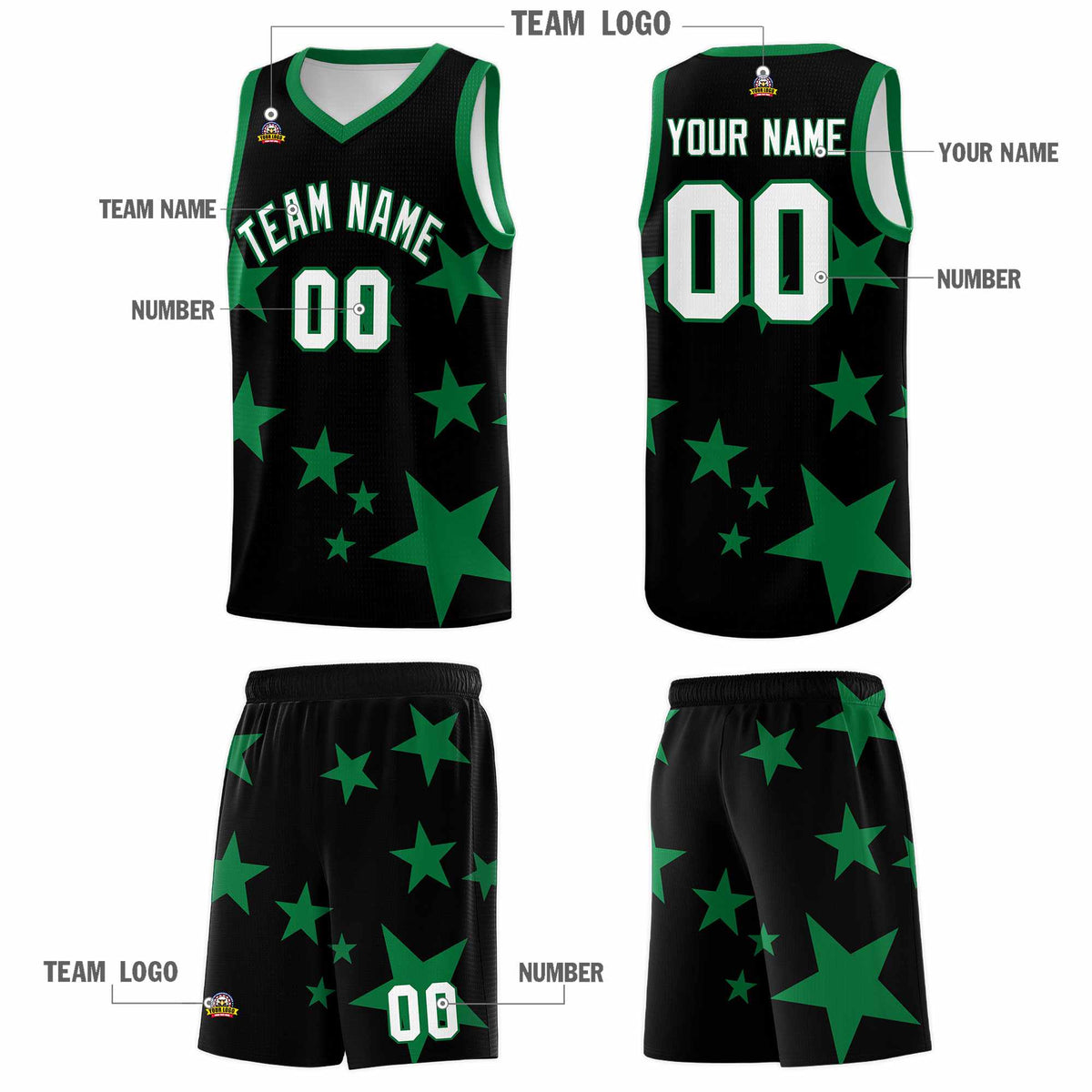 Custom Black Kelly Green Graffiti Pattern Star Print Basketball Jersey Sets