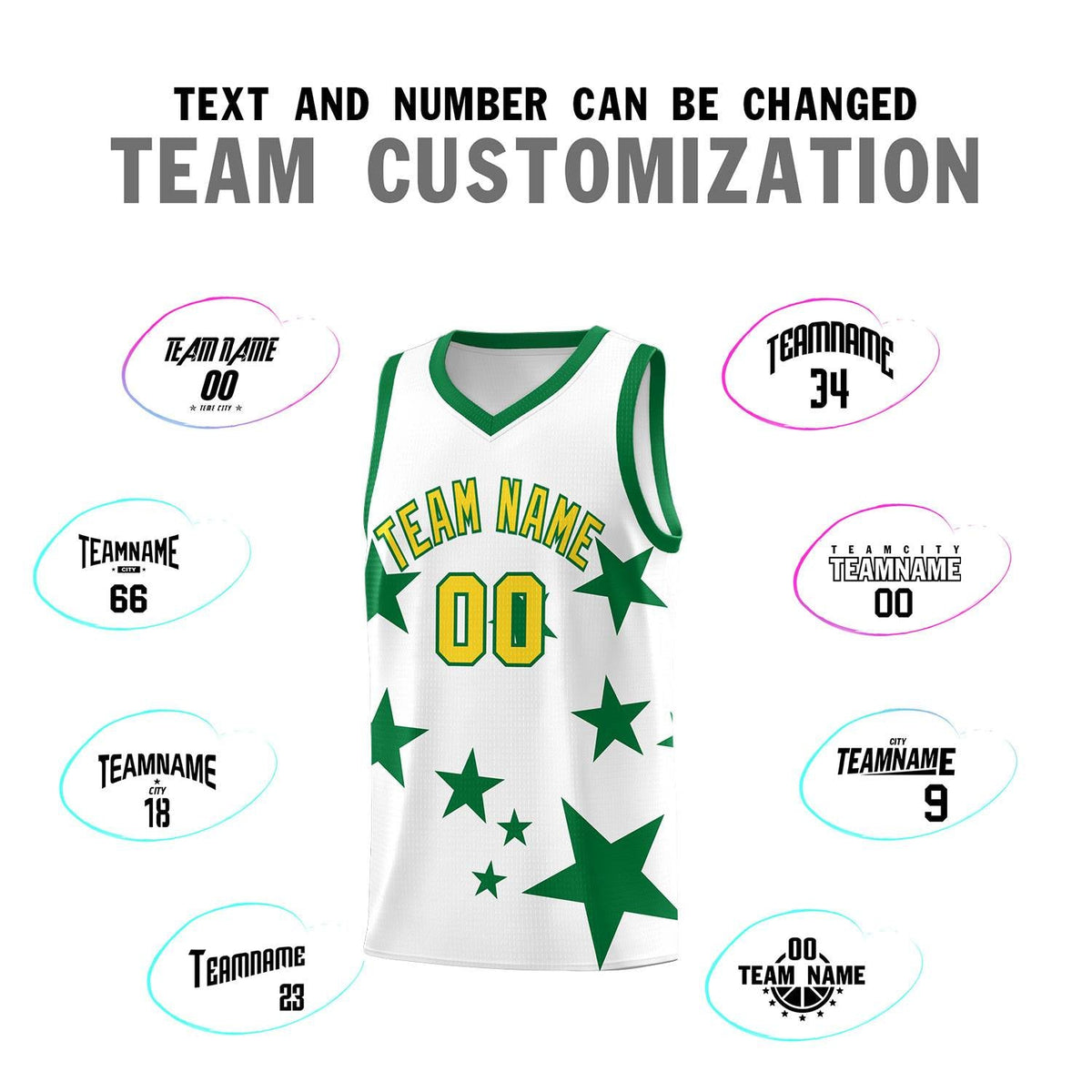 Custom White Kelly Green Graffiti Pattern Star Print Basketball Jersey Sets