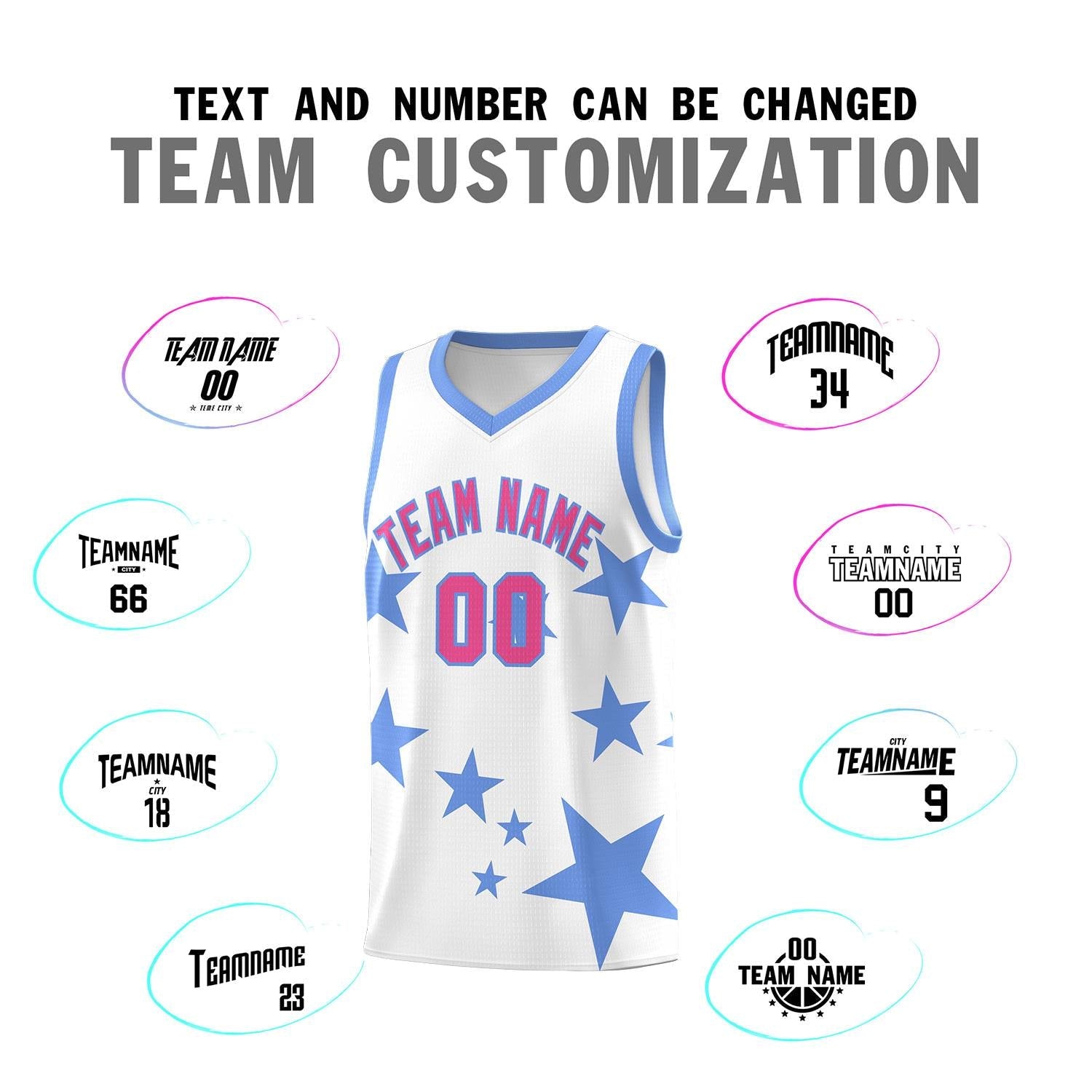 Custom White Light Blue Graffiti Pattern Star Print Basketball Jersey Sets