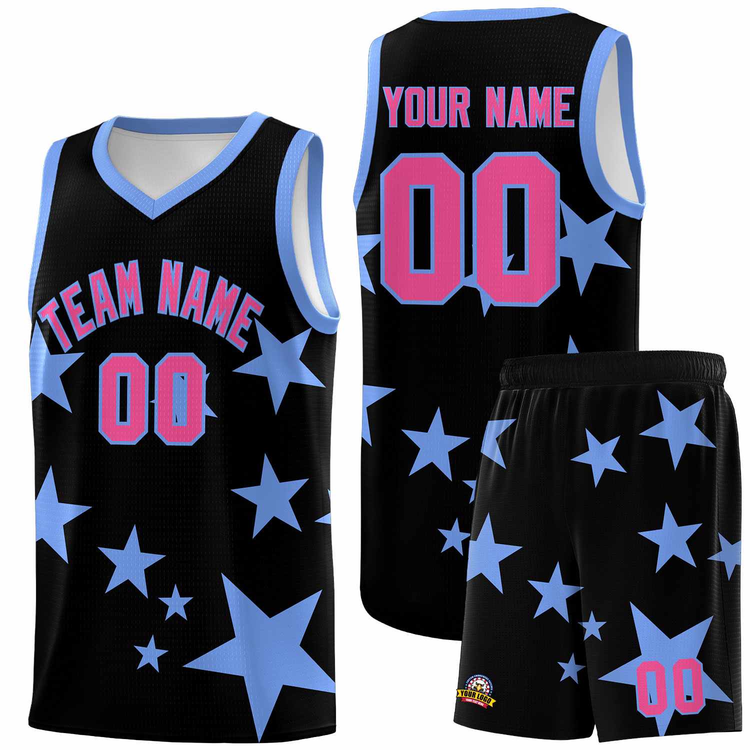 Custom Black Light Blue Graffiti Pattern Star Print Basketball Jersey Sets