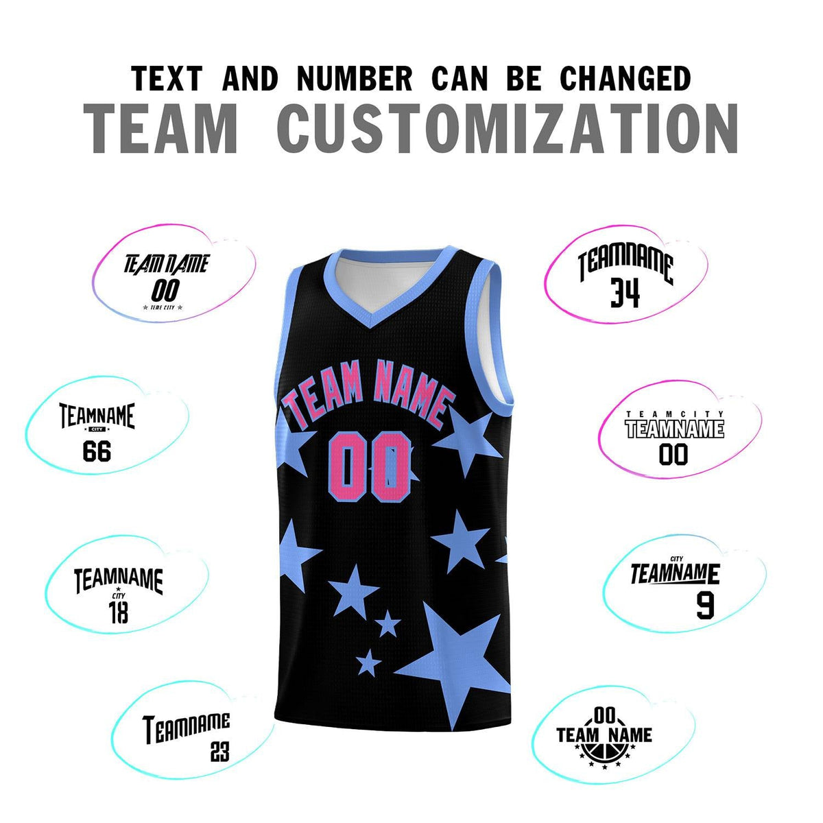 Custom Black Light Blue Graffiti Pattern Star Print Basketball Jersey Sets