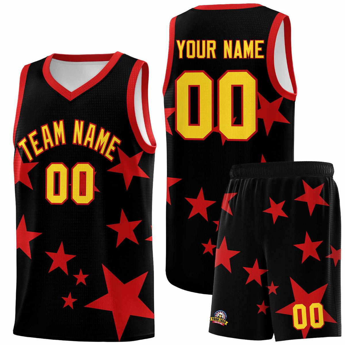 Custom Black Red Graffiti Pattern Star Print Basketball Jersey Sets