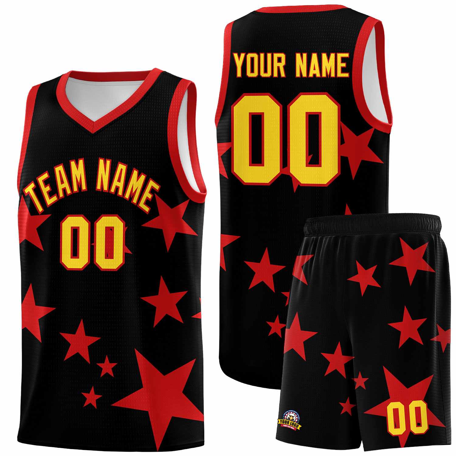 Custom Black Red Graffiti Pattern Star Print Basketball Jersey Sets