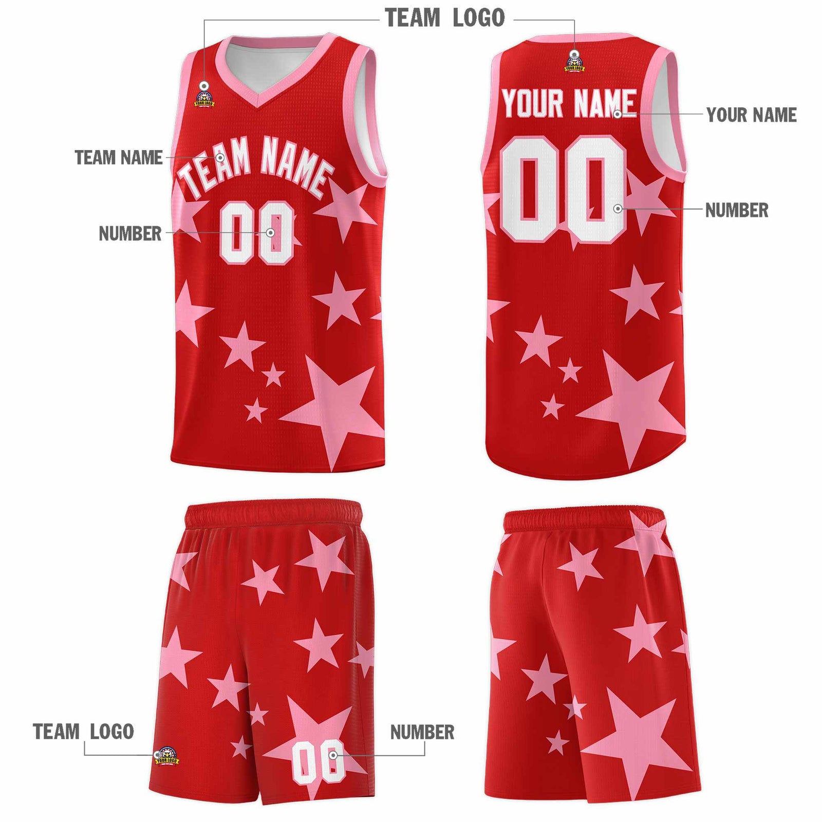 Custom Red Light Pink Graffiti Pattern Star Print Basketball Jersey Sets