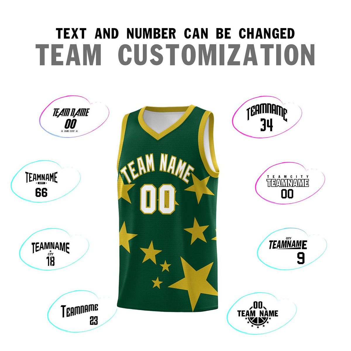 Custom Green Old Gold Graffiti Pattern Star Print Basketball Jersey Sets