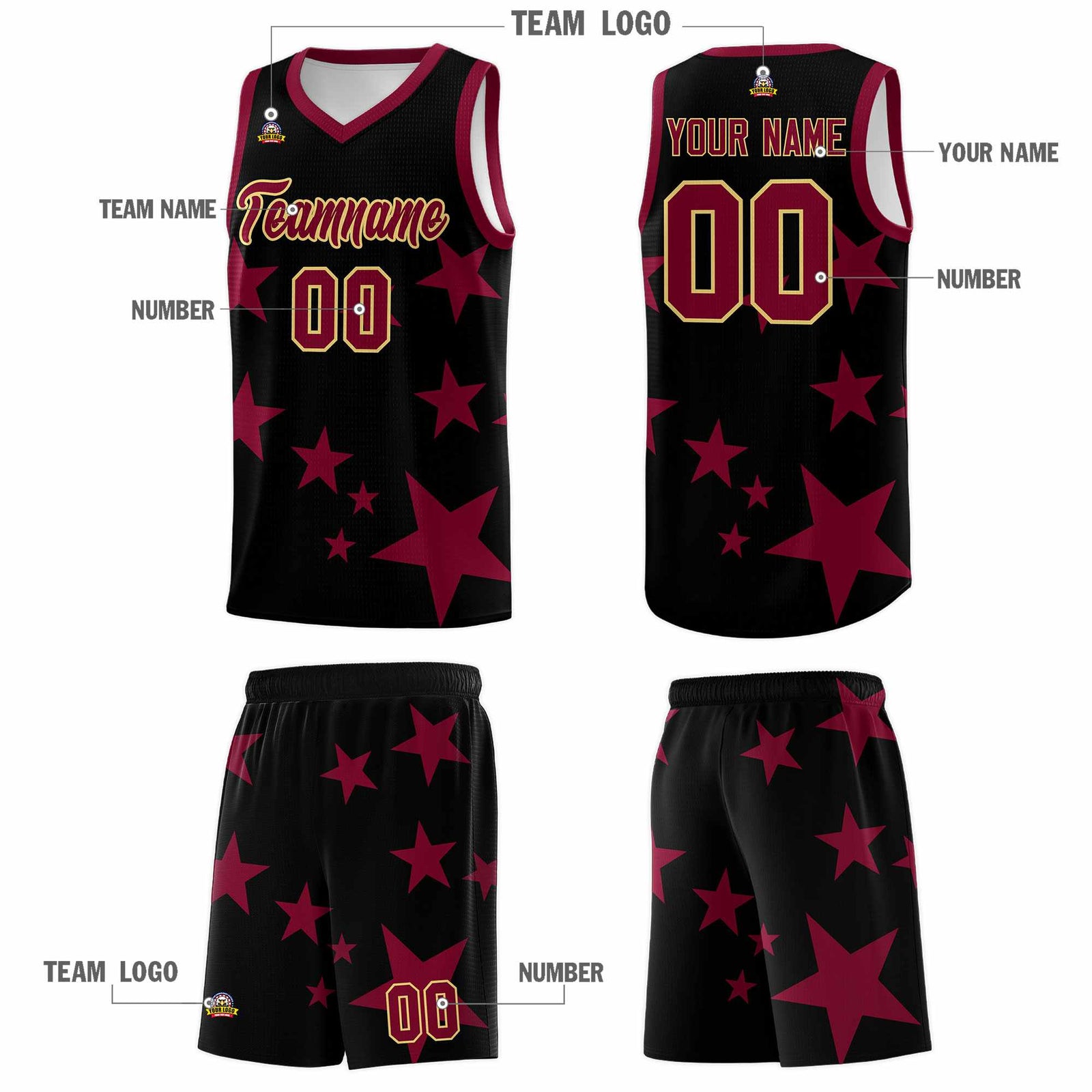 Custom Black Crimson Graffiti Pattern Star Print Basketball Jersey Sets