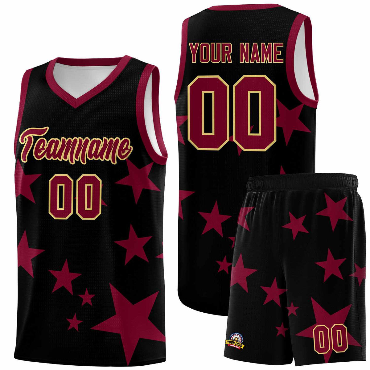 Custom Black Crimson Graffiti Pattern Star Print Basketball Jersey Sets