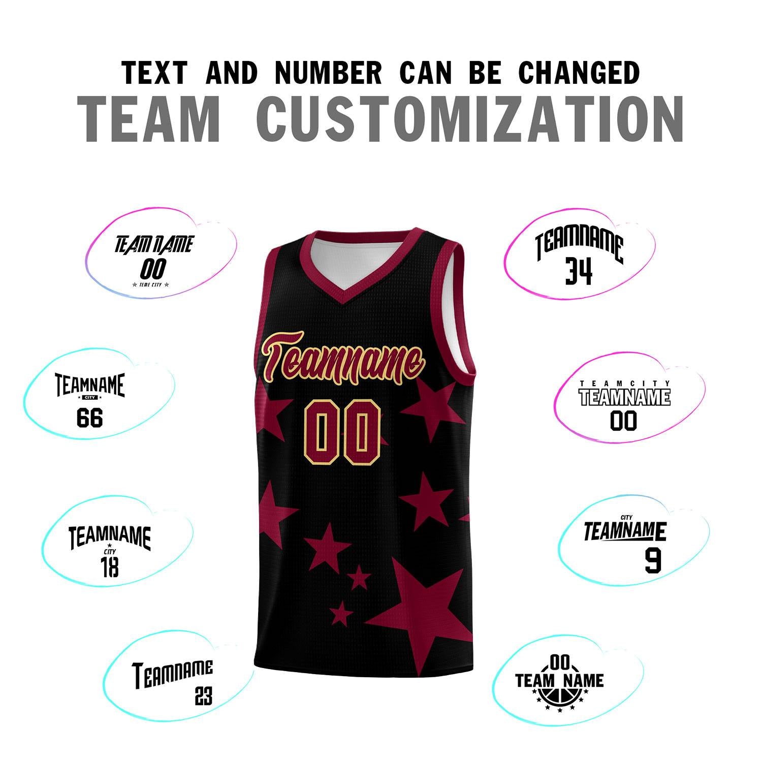 Custom Black Crimson Graffiti Pattern Star Print Basketball Jersey Sets