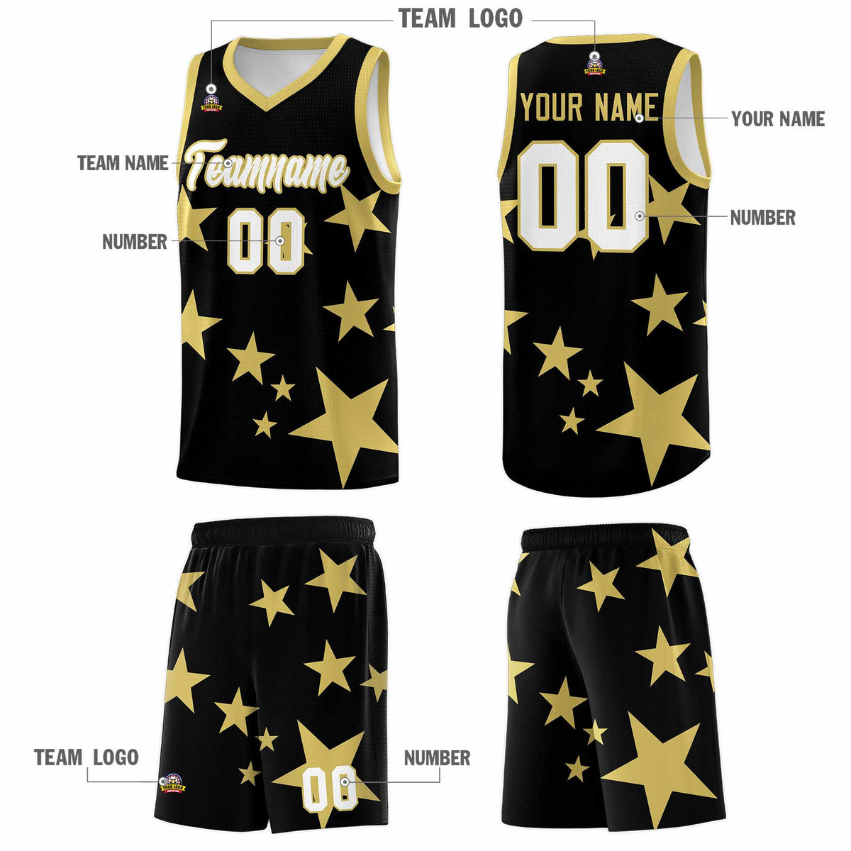 Custom Black Old Gold Graffiti Pattern Star Print Basketball Jersey Sets