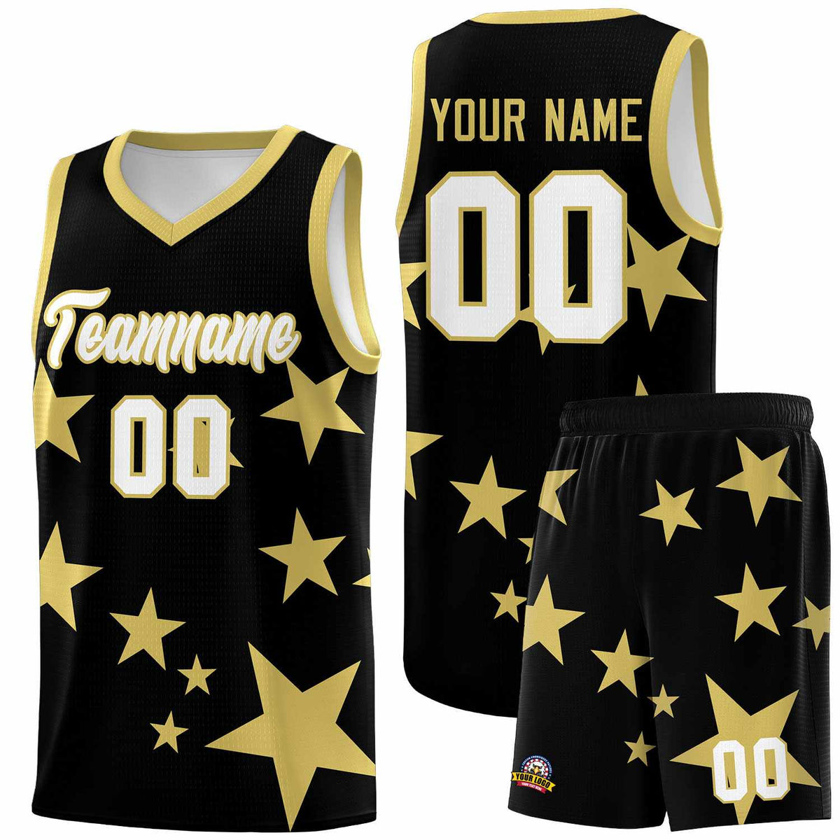 Custom Black Old Gold Graffiti Pattern Star Print Basketball Jersey Sets