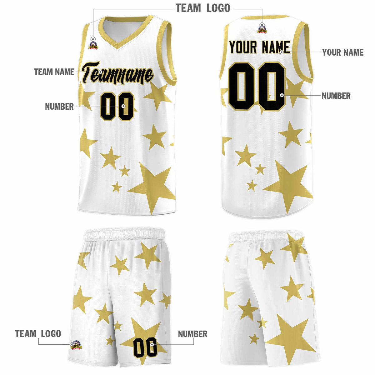 Custom White Old Gold Graffiti Pattern Star Print Basketball Jersey Sets