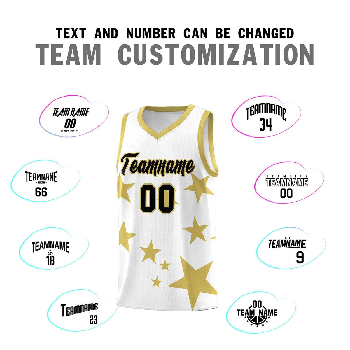 Custom White Old Gold Graffiti Pattern Star Print Basketball Jersey Sets