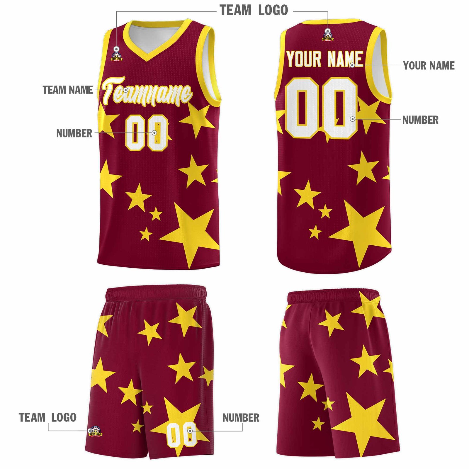Custom Crimson Gold Graffiti Pattern Star Print Basketball Jersey Sets