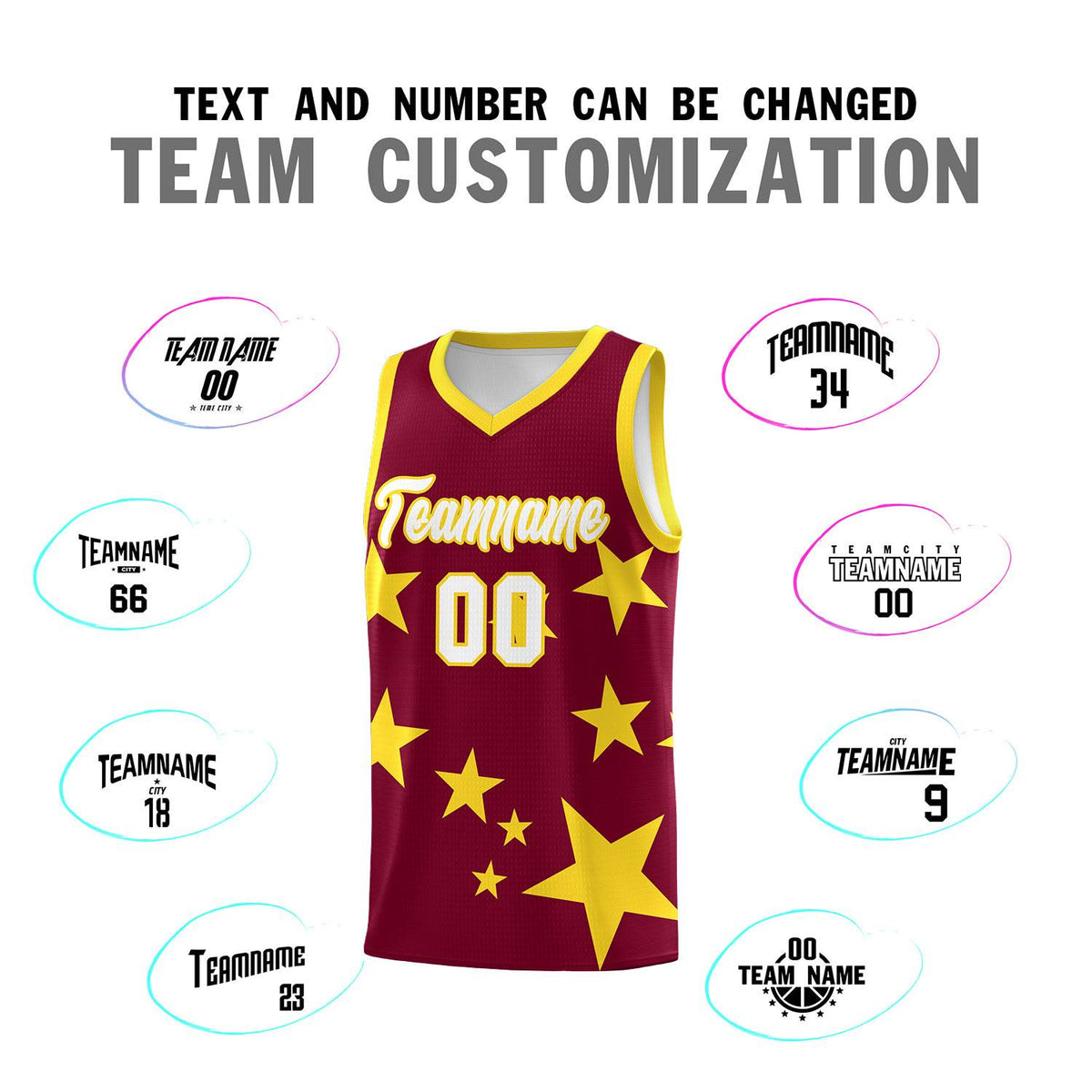 Custom Crimson Gold Graffiti Pattern Star Print Basketball Jersey Sets