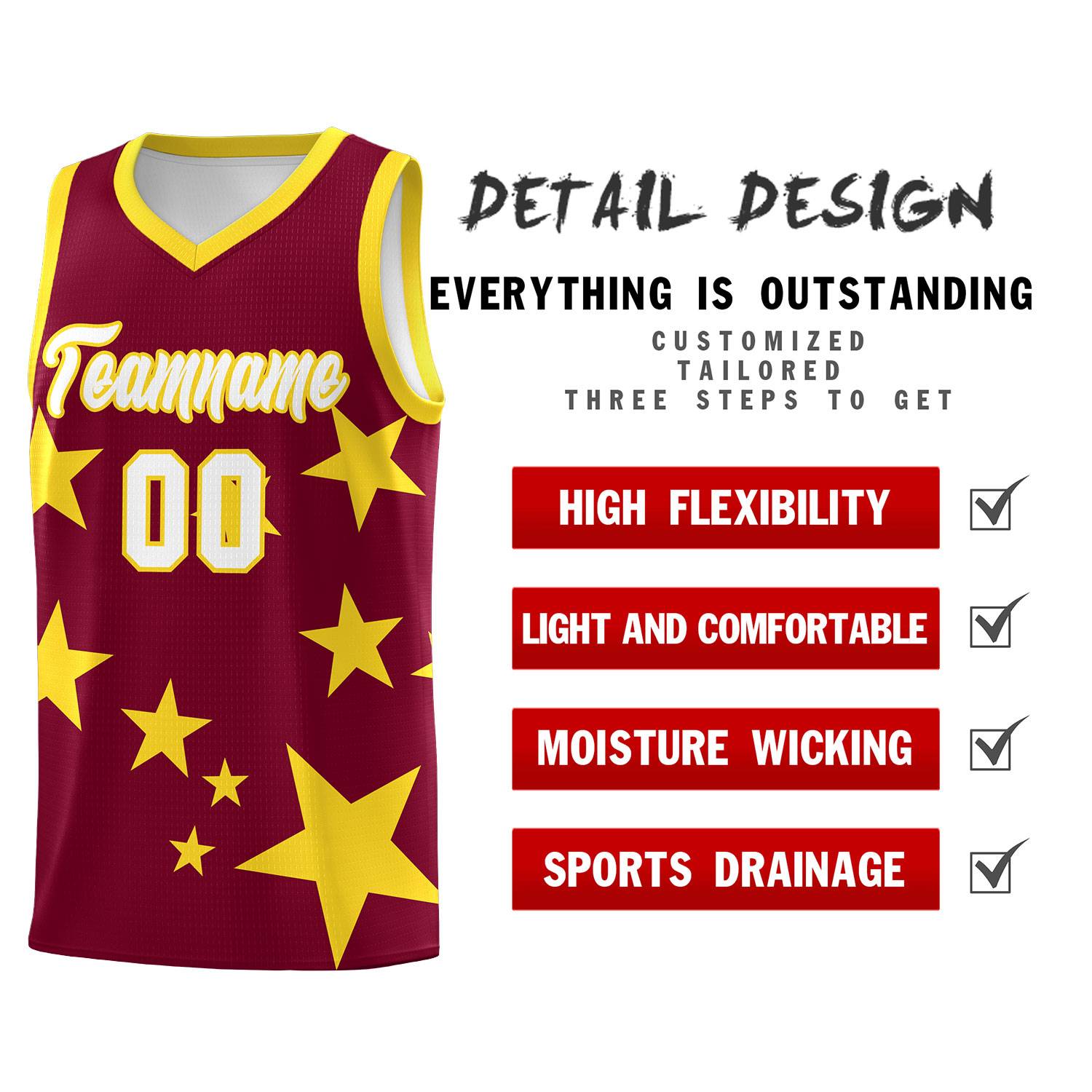 Custom Crimson Gold Graffiti Pattern Star Print Basketball Jersey Sets
