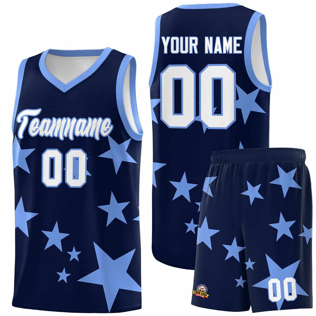 Custom Navy Light Blue Graffiti Pattern Star Print Basketball Jersey Sets