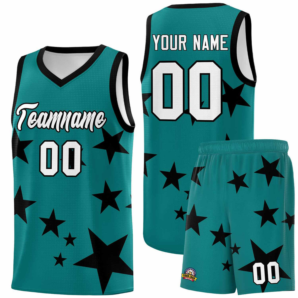 Custom Aqua Black Graffiti Pattern Star Print Basketball Jersey Sets