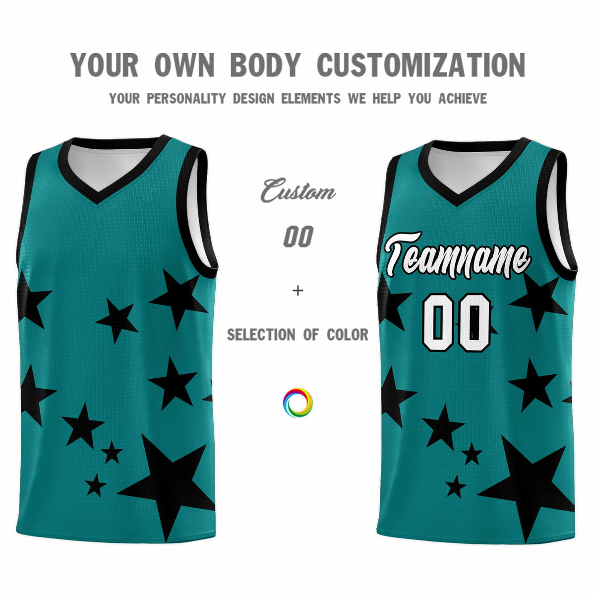 Custom Aqua Black Graffiti Pattern Star Print Basketball Jersey Sets