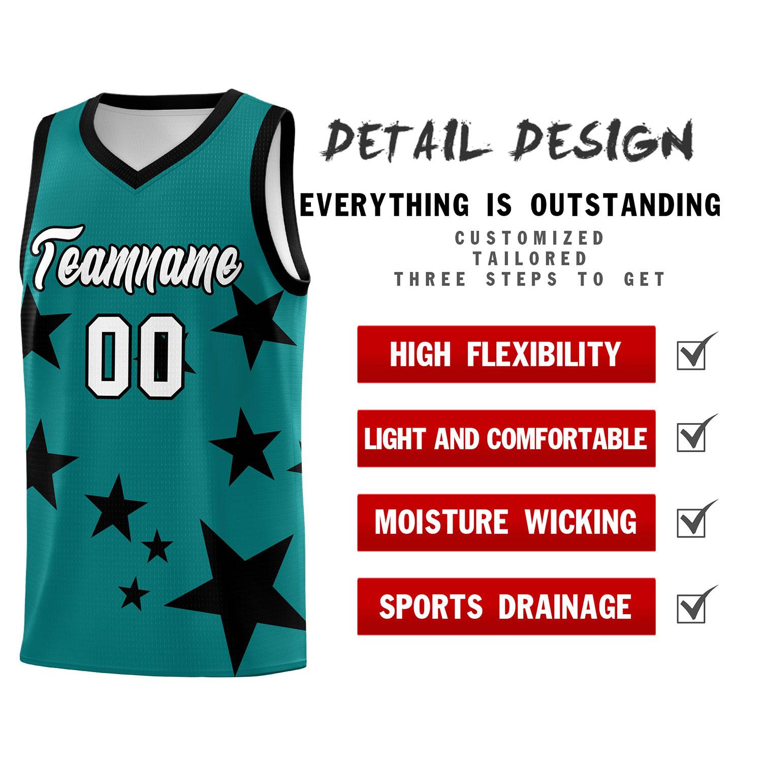 Custom Aqua Black Graffiti Pattern Star Print Basketball Jersey Sets