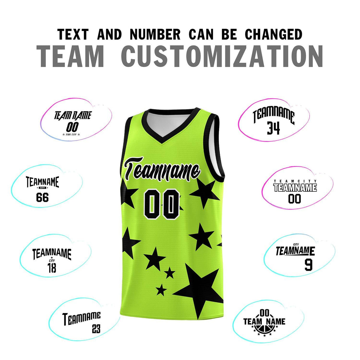 Custom Light Green Black Graffiti Pattern Star Print Basketball Jersey Sets