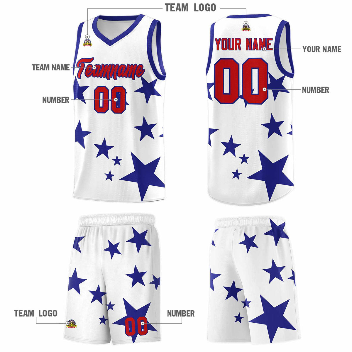 Custom White Royal Graffiti Pattern Star Print Basketball Jersey Sets