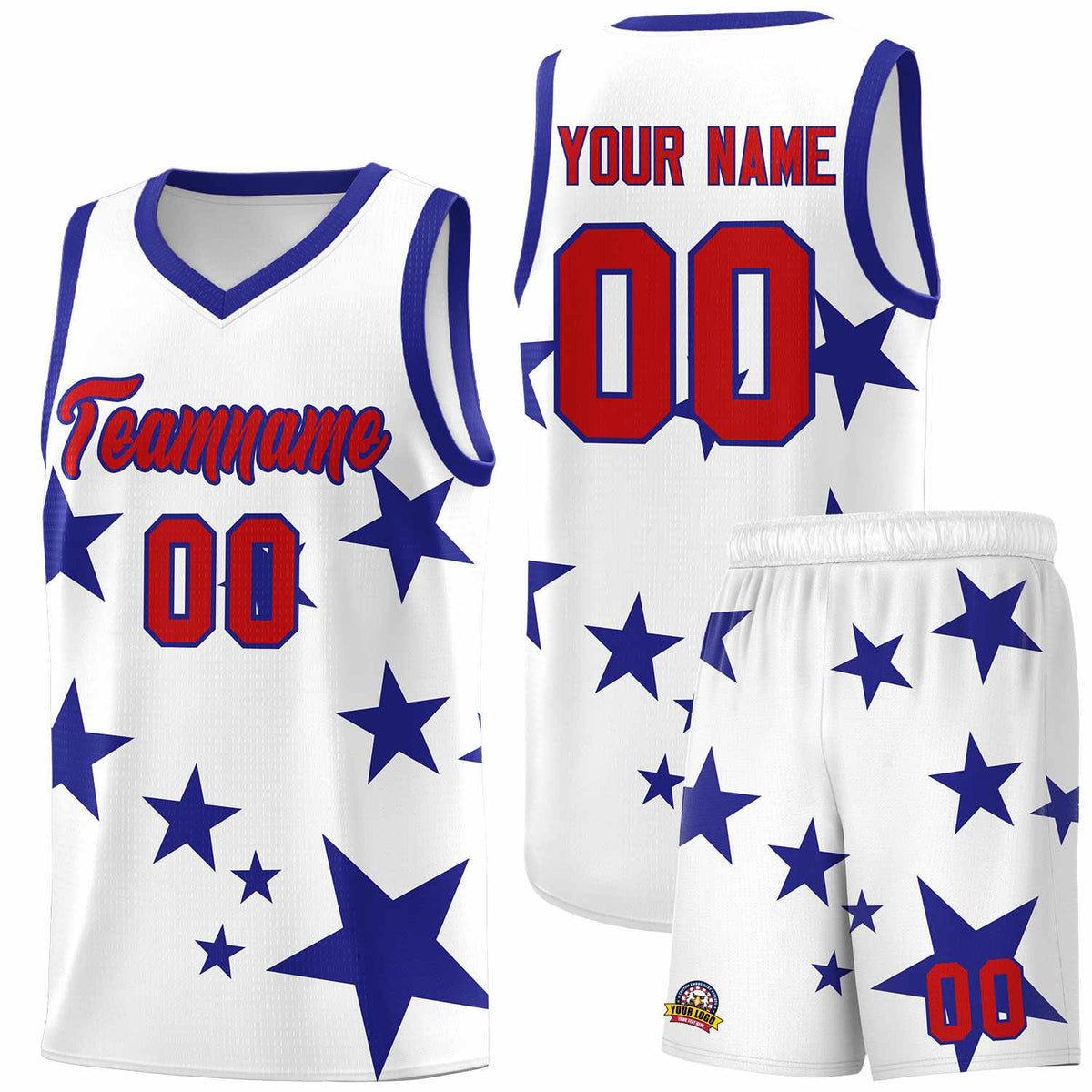 Custom White Royal Graffiti Pattern Star Print Basketball Jersey Sets