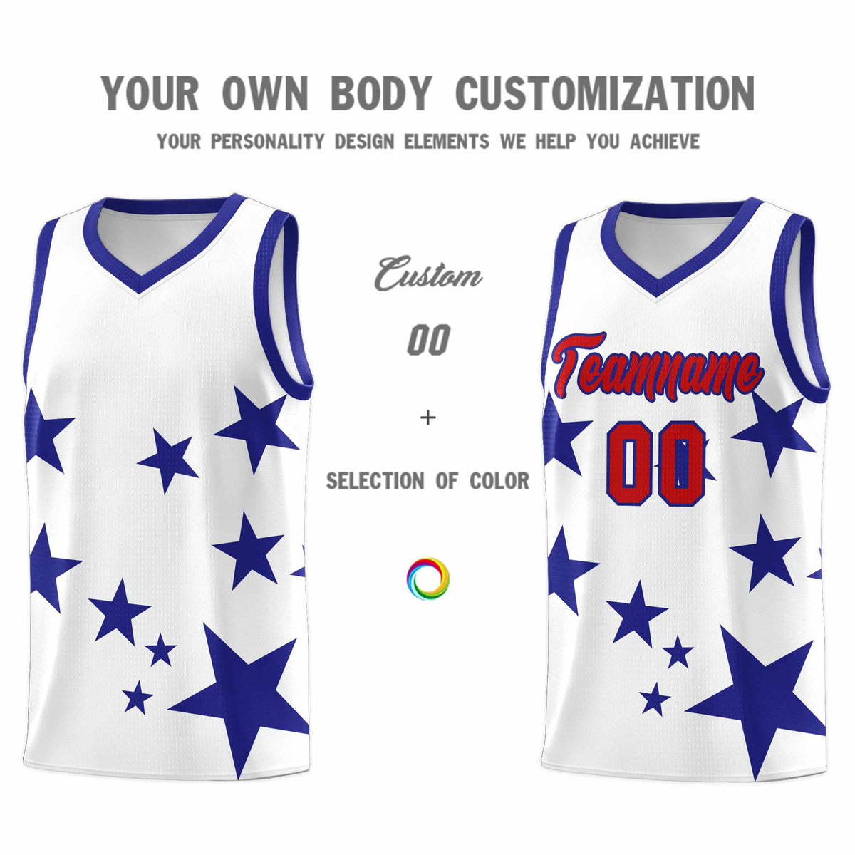 Custom White Royal Graffiti Pattern Star Print Basketball Jersey Sets