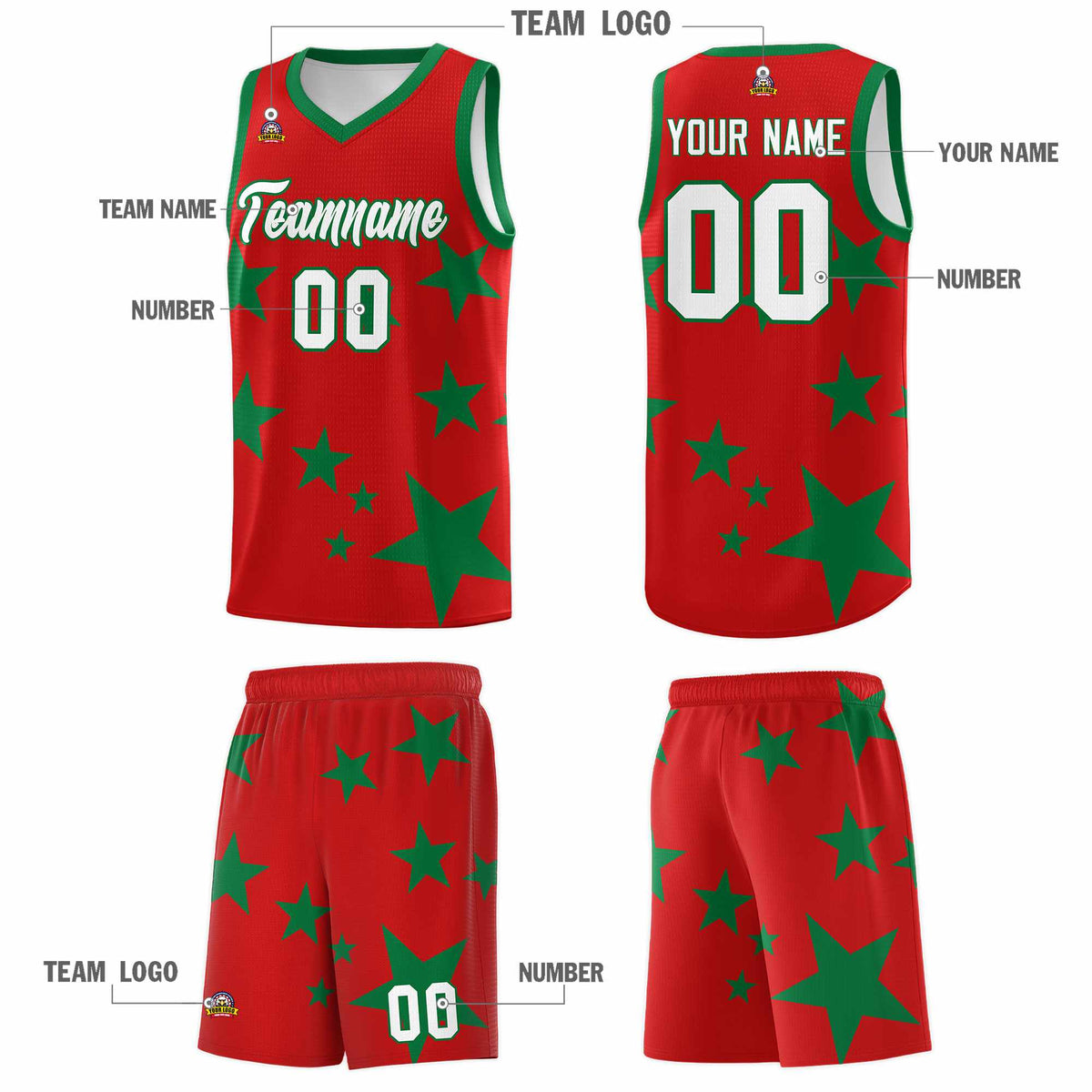 Custom Red Kelly Green Graffiti Pattern Star Print Basketball Jersey Sets