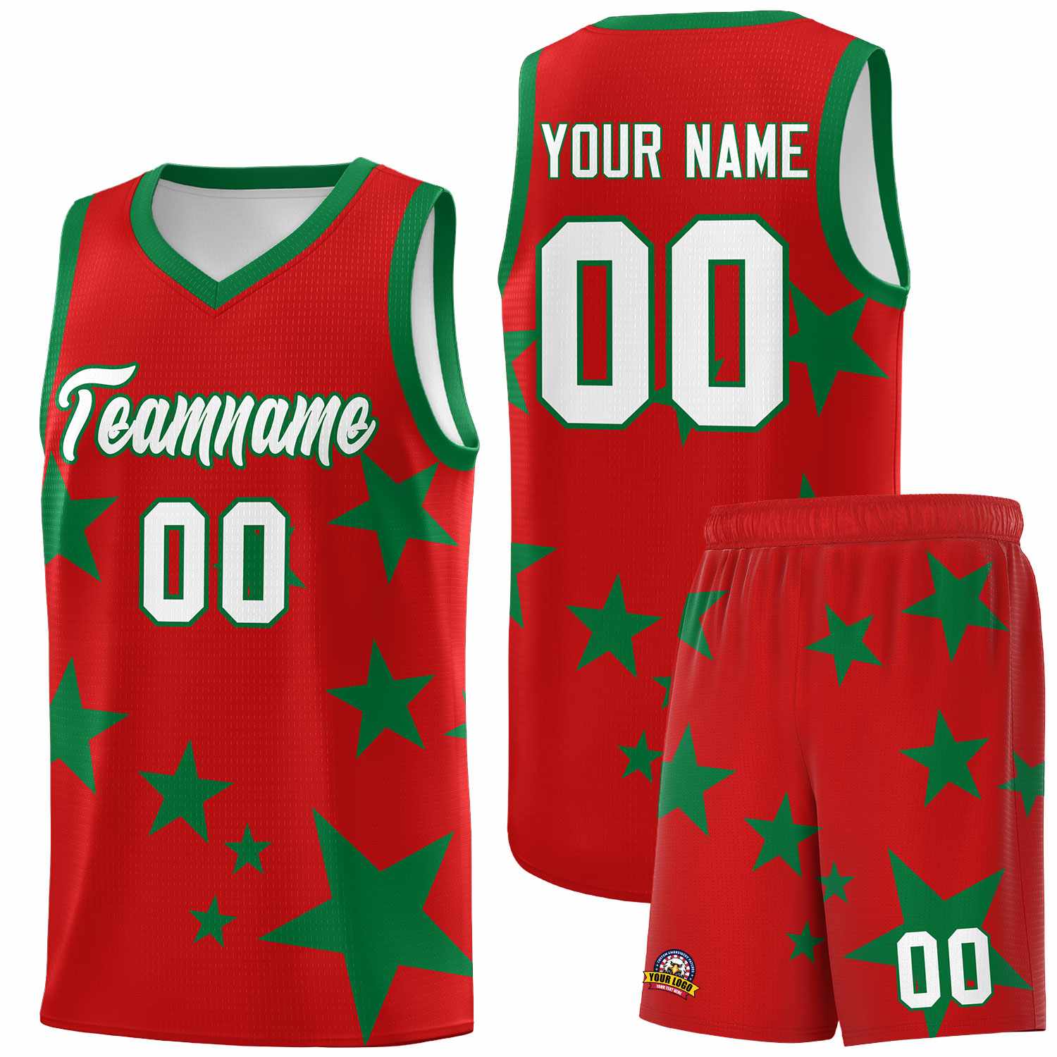 Custom Red Kelly Green Graffiti Pattern Star Print Basketball Jersey Sets