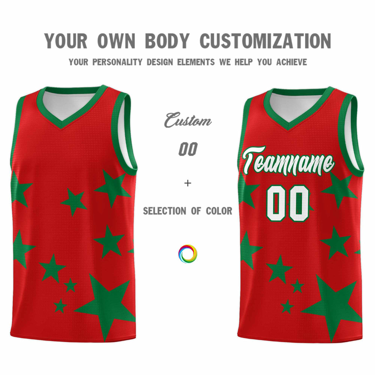 Custom Red Kelly Green Graffiti Pattern Star Print Basketball Jersey Sets