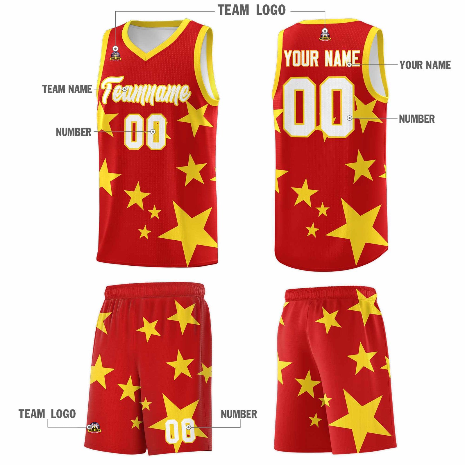 Custom Red Gold Graffiti Pattern Star Print Basketball Jersey Sets