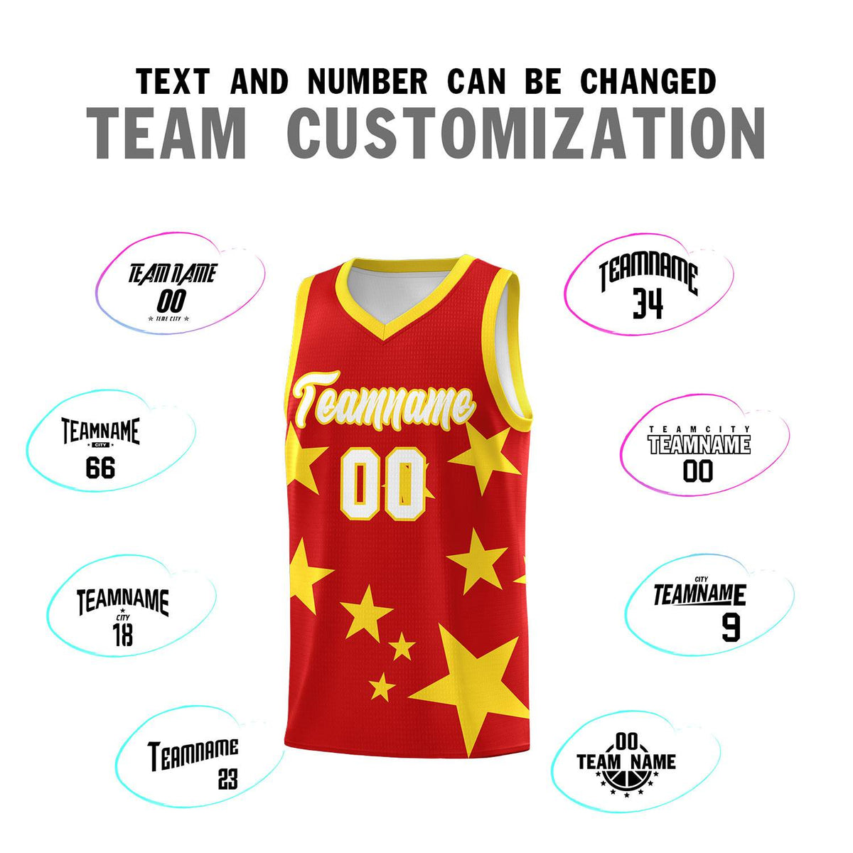 Custom Red Gold Graffiti Pattern Star Print Basketball Jersey Sets